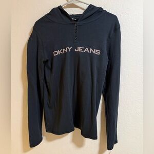 DKNY Jeans Black Logo Hooded Henley Top Size L